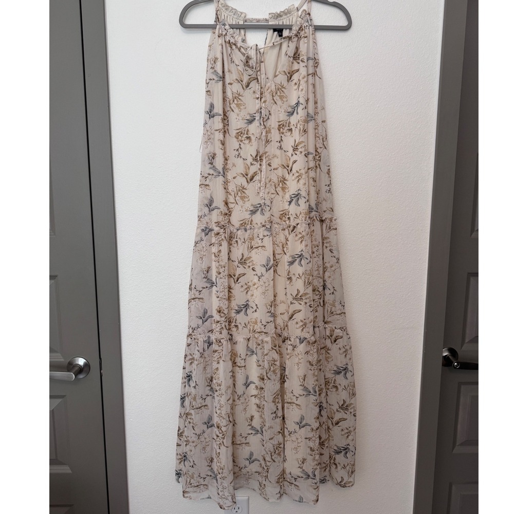 Drew Floral Halter Maxi Dress Cream Tan Tiered Chiffon Boho Cottagecore Large kk